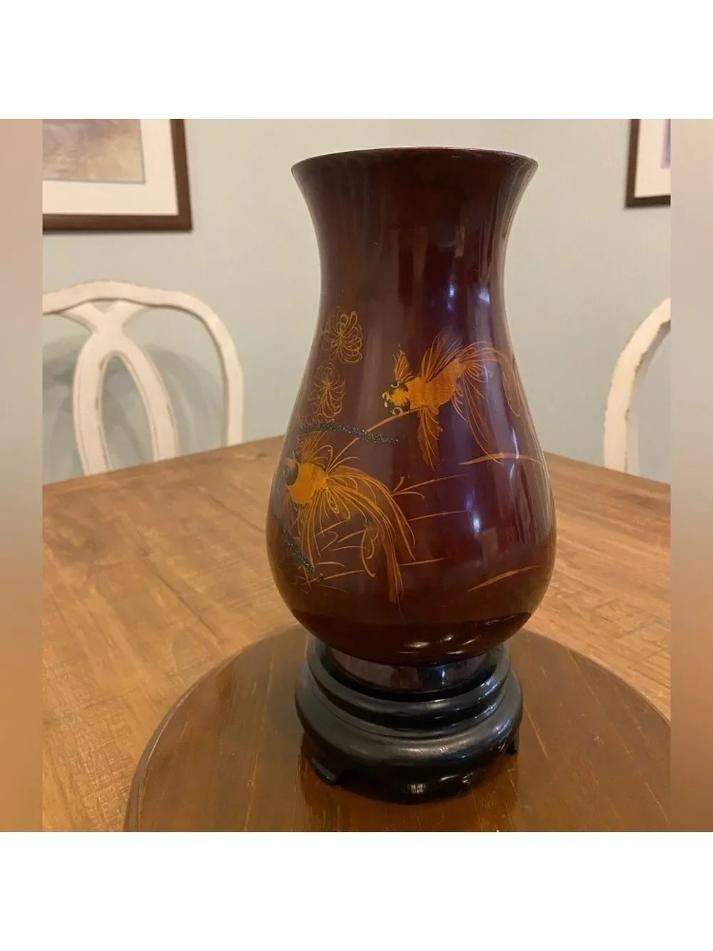 Vintage 1960 11” tall Hand painted mahogany & black Lacquer Wood Vase -Viet Nam